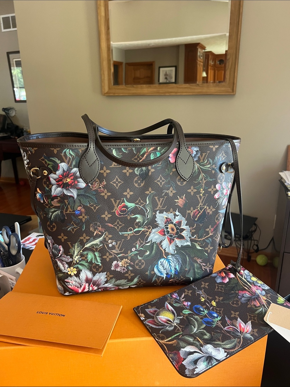 M:28918-Louis Vuitton Brown Floral Monogram Neverfull MM with Multicolor Accents - Picture 4 of 6